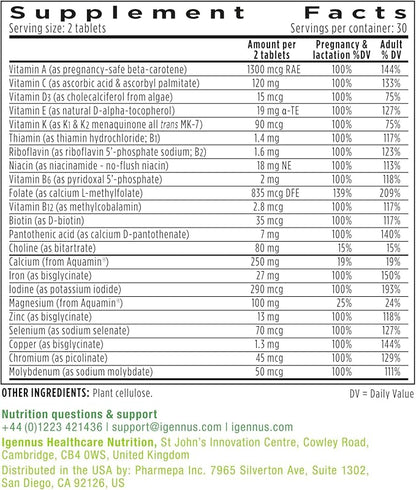 Igennus Methylated Prenatal Multivitamin for Women, Folate for MTHFR, High Absorption, Clean Label, Gentle Iron, Choline, Calcium & Magnesium, Vegan Pregnancy Vitamins, Halal, Non-GMO, 60 Tablets x6