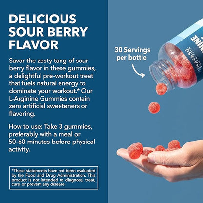 L-Arginine Gummies with L-Citrulline and Beet Root - Nitric Oxide Supplement - 90 Count - Energy, Endurance, and Recovery Support - Vegan, Non-GMO - Energizing Sour Berry Flavor, 30-Day Serving