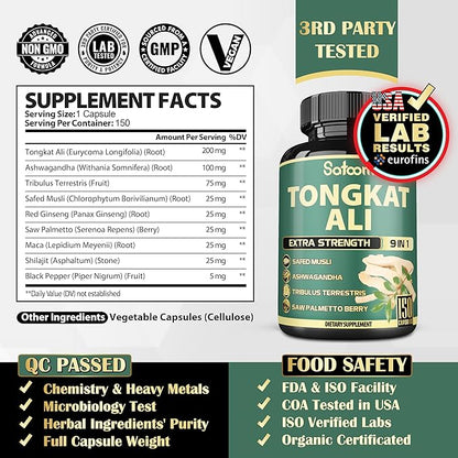 Satoomi 9in1 Tongkat Ali Root Extract 200:1 - Ashwagandha, Tribulus Terrestris - 150 Capsules for 5 Months - Support Strength, Energy & Healthy Immune