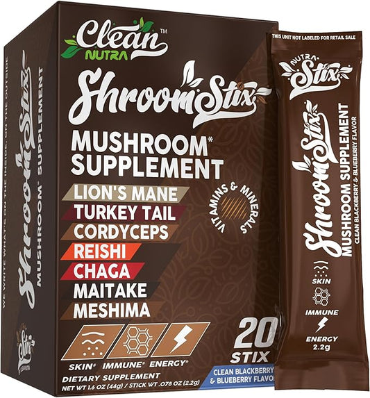Clean Nutraceuticals Lions Mane 24in1 Mushroom Supplement with Turkey Tail Reishi Cordyceps Chaga Maitake Shiitake Enoki Oyster Porcini Tremella – 20 Easy to Take Shroom Stix