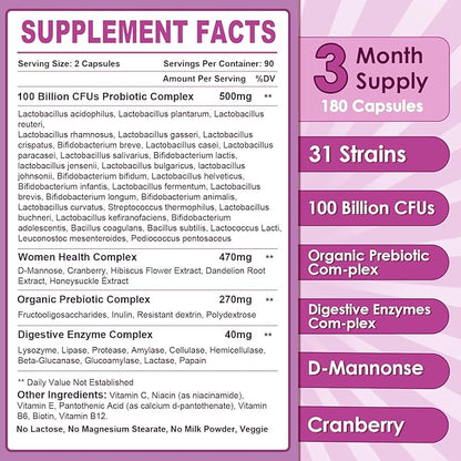 NATURE TARGET Probiotics for Women, 100 Billion CFUs Probiotic with Digestive Enzymes & Prebiotics, Vaginal Probiotics with Cranberry for Urinary Tract Health, pH Balance, 180 Veggie Capsules