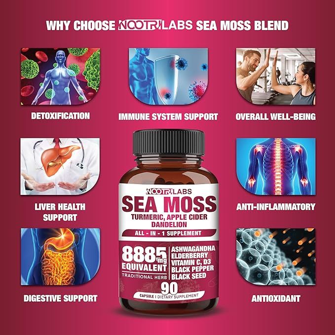 All-in-1 8885mg Highest Potency Sea Moss, Black Seed, Ashwagandha, Turmeric, Apple Cider Vinegar, Dandelion with Elderberry, Vitamin C & D3 - Immune, Energy Support Supplement - 90 Vegan Capsules