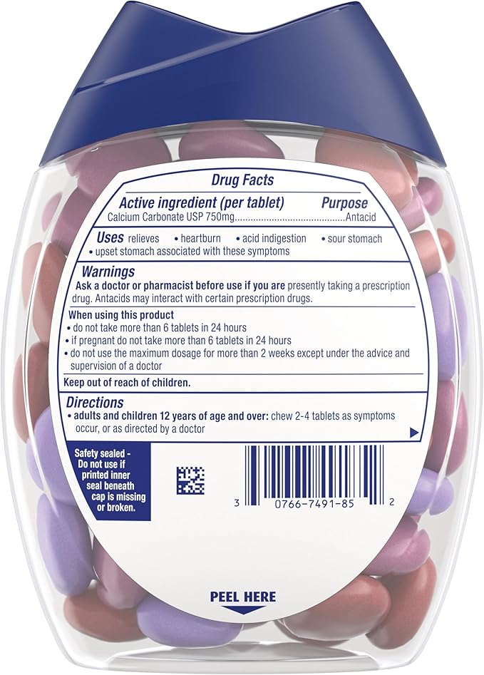 TUMS Chewy Bites Antacid Tablets for Chewable Heartburn Relief and Acid Indigestion Relief, Assorted Berries - 60 Count