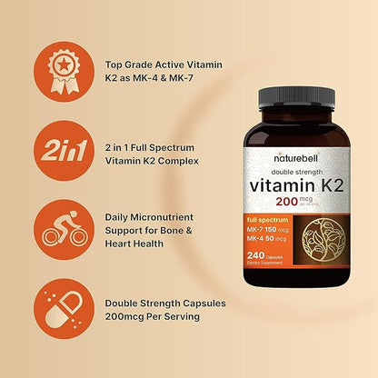 NatureBell Full Spectrum Vitamin K2 Supplement with MK-7 & MK-4, 200 mcg, 240 Capsules | 2 in 1 Formula, K Vitamins Complex – Supports Bone, Joint, and Heart Health – Non-GMO