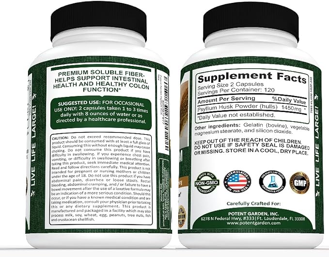 Potent Garden Psyllium Husk Capsules All Natural & Powerful Soluble Dietary Fiber Supplement Helps Support Regularity & Digestion, 240 Caps