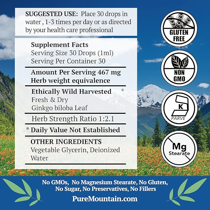 Pure Mountain Botanicals Gingko Biloba Liquid Extract Drops – Alcohol Free Tincture of Wild Harvest Ginkgo Biloba Leaf Supplement