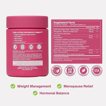 Complete Menopause Vitamins - Ashwaghanda, Probiotics, ACV for Weight Management, Hot Flashes, Night Sweats, Bloat, Hormone Balance - Vegan 60 Caps Menopause Supplements for Women Non-GMO