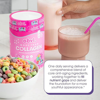 Obvi More Than Collagen Powder | Supports Healthy Hair, Skin, Nails, Joints, Gut | Grass-Fed Multi Collagen Supplement with Hyaluronic Acid, Biotin, Keratin | Fruity Cereal, 30 Servings