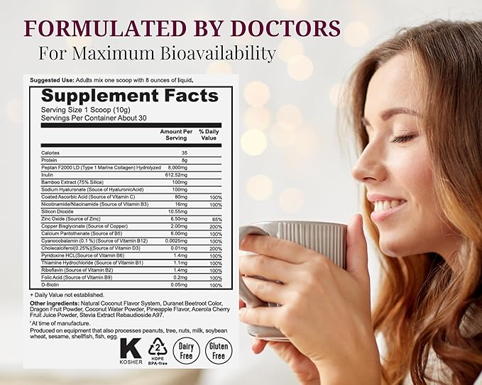 Marine Collagen Peptides - Dragon Fruit, Coconut Water, Pineapple - Vitamin C Hyaluronic Acid Copper Zinc Biotin Niacin D3 B-Complex - Hair Skin & Nails, 30 Servings