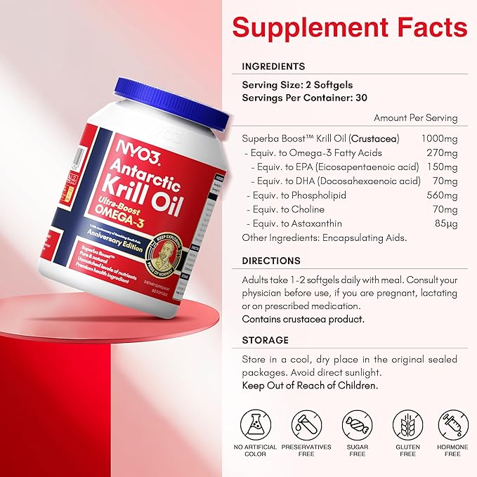 Krill Oil Omega 3 Supplement 1000mg 60 Softgels EPA & DHA, Pure Antarctic Krill Oil with Astaxanthin and 56% Phospholipids Third Party Tested