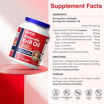 Krill Oil Omega 3 Supplement 1000mg 60 Softgels EPA & DHA, Pure Antarctic Krill Oil with Astaxanthin and 56% Phospholipids Third Party Tested