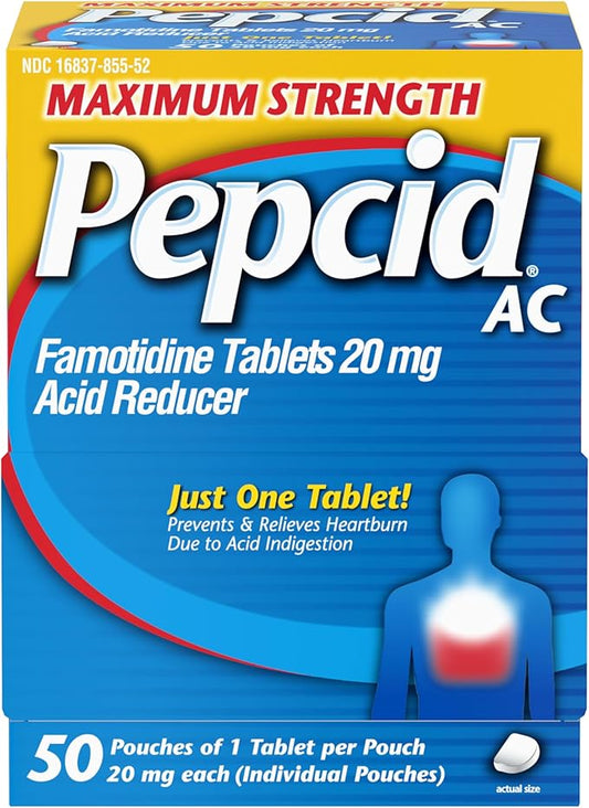 Pepcid AC Maximum Strength Heartburn Relief Tablets, OTC Medicine Prevents & Relieves Heartburn Due to Acid Indigestion & Sour Stomach, 20mg Famotidine Acid Reducer, Fast-Acting, 1 x 50 ct