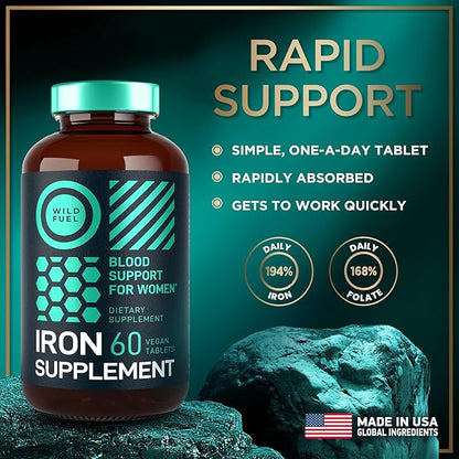 Vegan Iron Supplement for Women with Folic Acid - 35 mg Blood Builder Ferrous Sulfate, Folic Acid 400 mcg - Iron Pills for Women with Anemia & Pregnancy Support - 120 Gluten-Free Tablets - 2Pack
