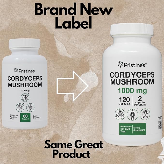 PRISTINE'S Cordyceps Mushroom Capsules - 60 Day Supply 1000 MG - Athletic Performance, Endurance & Immunity Adaptogen Supplement - Anti Aging Support Antioxidant