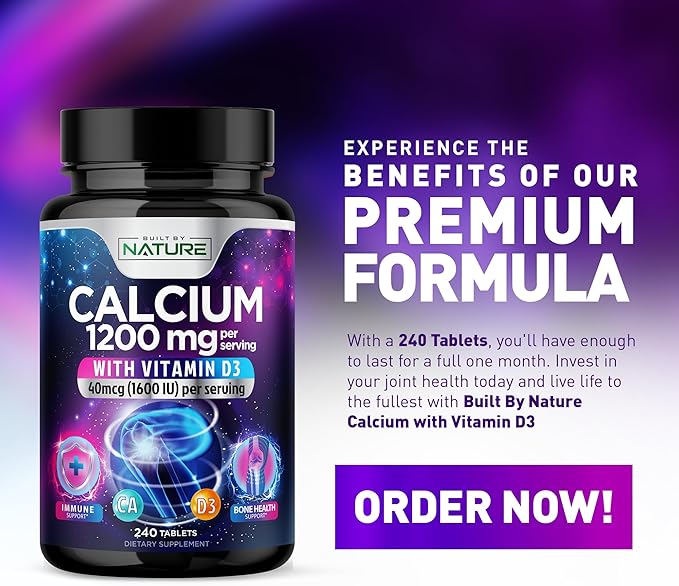 Calcium 1200mg with Vitamin D3 for Best Absorption - Advanced Bone Support Supplement, 1200 mg Calcium Carbonate & 1600 IU Vitamin D3, Slow Release for Immune Support, Easy to Swallow, 240 Tablets
