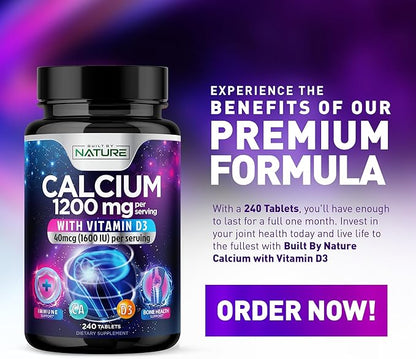 Calcium 1200mg with Vitamin D3 for Best Absorption - Advanced Bone Support Supplement, 1200 mg Calcium Carbonate & 1600 IU Vitamin D3, Slow Release for Immune Support, Easy to Swallow, 240 Tablets