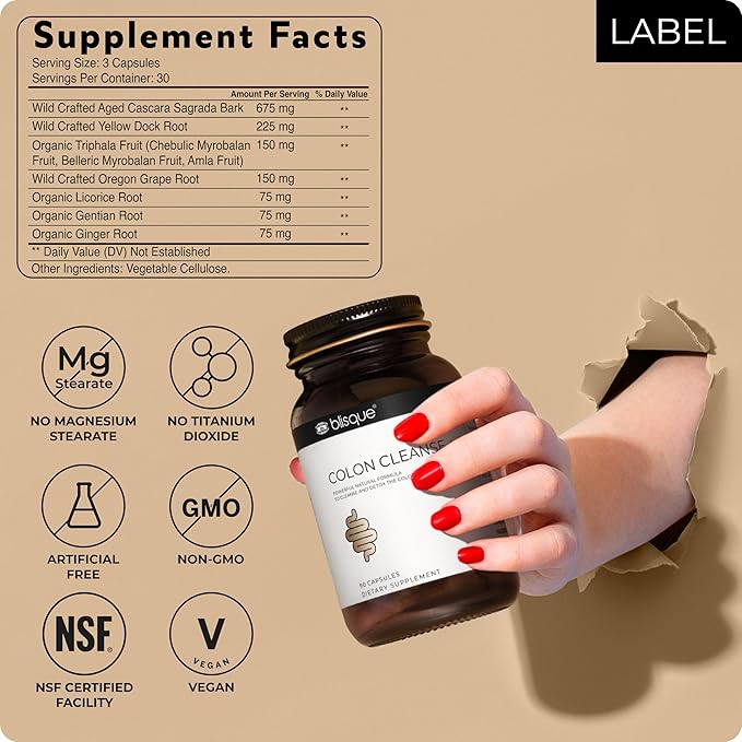 Blisque - Natural Colon Cleanse Supplement for Detox, Constipation Relief, Stool Softener, and Digestive Health | with Aged Cascara Sagrada Bark | 90 Capsules | Vegan and Non-GMO