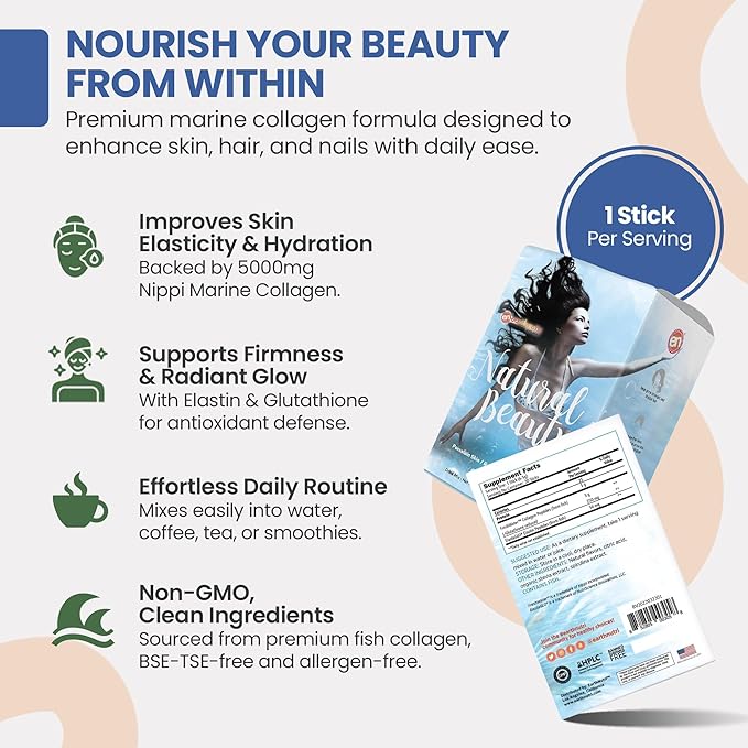 Marine Collagen Peptides Powder Supplement for Skin, Hair & Nails – Enhances Skin Elasticity & Hydration – Hydrolyzed Collagen – 5000mg per Serving – Non-GMO – Ocean Breeze (30 Sticks Pack)