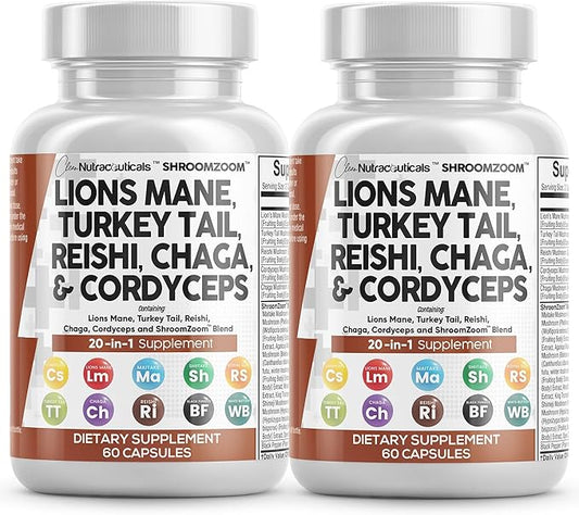 Clean Nutraceuticals Lions Mane 20in1 Mushroom Supplement with Turkey Tail Reishi Cordyceps Chaga Maitake Meshima Poria Cocos Shiitake Oyster Porcini Enoki - 2Pack