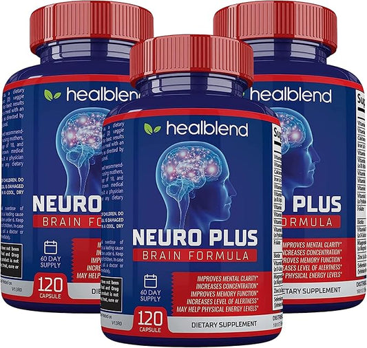 healblend Neuro Plus Brain & Focus Formula - Brain Booster Supplement, Supports Mental Clarity & Focus - Enhances Concentration & Mental Energy – 120 Capsules (3 Pack)