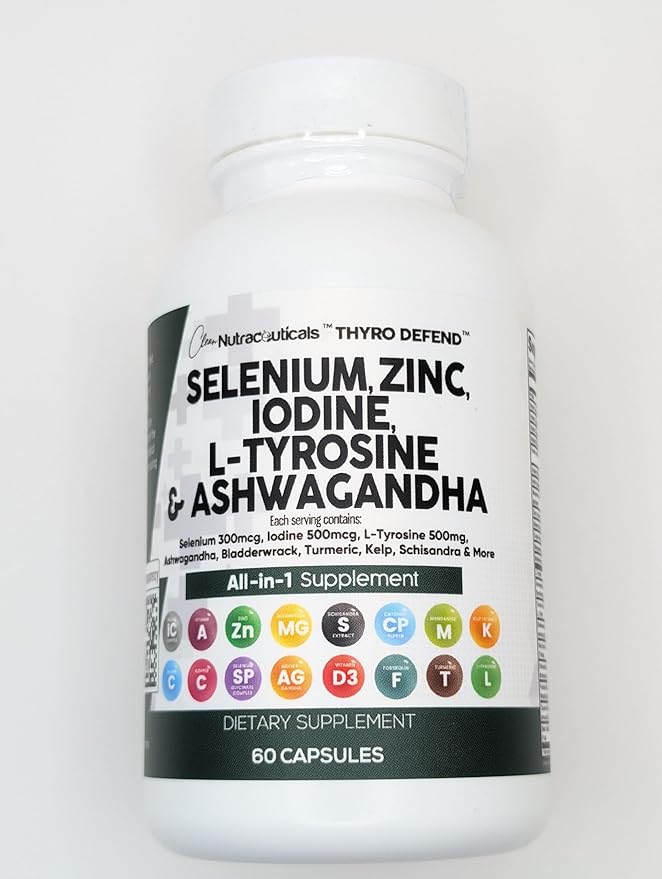 Clean Nutra Selenium 300mcg Iodine 500mcg Thyroid Support for Women & Men | L Tyrosine 500mg Ashwagandha Supplement Bladderwrack, Turmeric, Kelp, Schisandra Zinc Pills Capsule Supplements