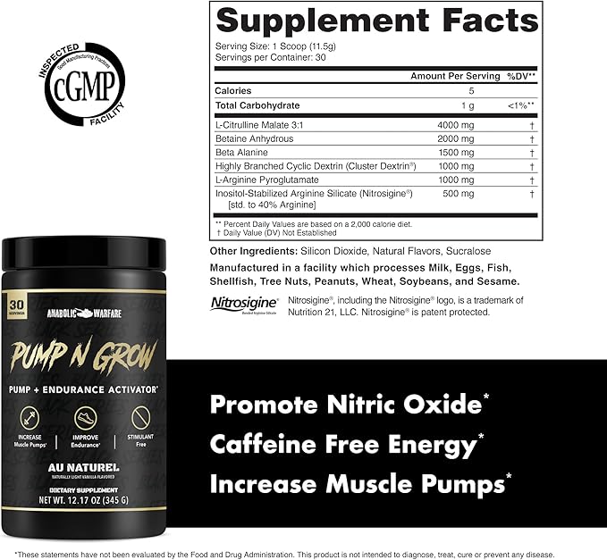 Anabolic Warfare Pump-N-Grow Muscle Pump Supplement Caffeine Free Pre Workout with L-Citrulline, L-Arginine, Beta-Alanine (Au Naturel – 30 Servings)