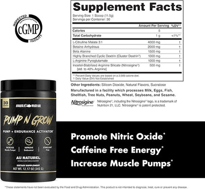 Anabolic Warfare Pump-N-Grow Muscle Pump Supplement Caffeine Free Pre Workout with L-Citrulline, L-Arginine, Beta-Alanine (Au Naturel – 30 Servings)
