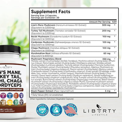 Lions Mane Mushroom Supplement with Turkey Tail Reishi Cordyceps Chaga with Marshmallow Root - 3-Pack