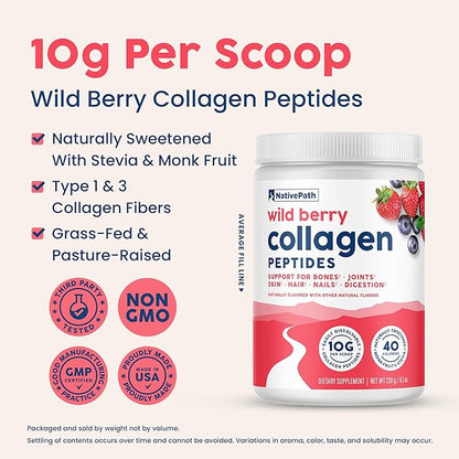 NativePath Collagen Peptides - Hydrolyzed Type 1 & 3 Collagen. Keto & Paleo Grass-Fed Protein Powder for Hair, Skin, Nails, Bones, Joints, Digestion and More - No Gluten or Dairy (Wild Berry, 230g)