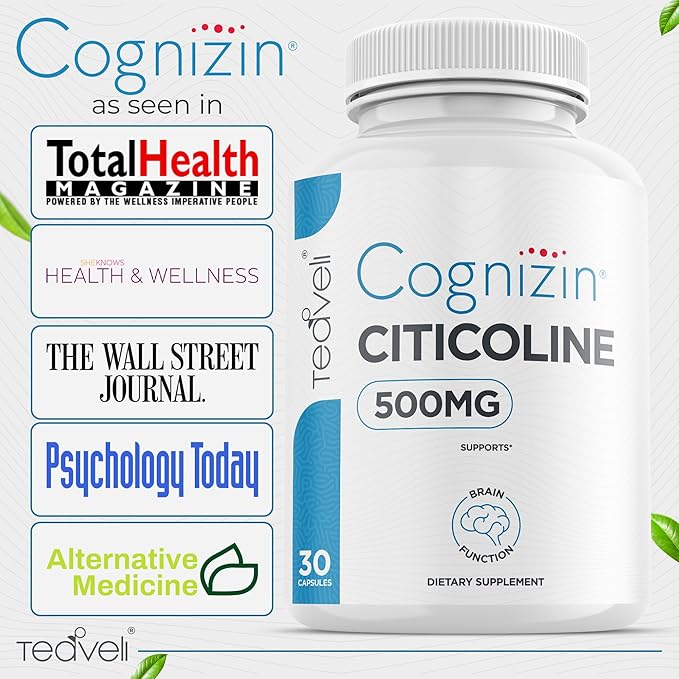 Cognizin Citicoline- 500mg CDP Choline Capsules- Clinically Studied Brain Supplement to Support Clarity, Concentration and Memory – Most Bioavailable Form of Choline Supplements - 30 Servings