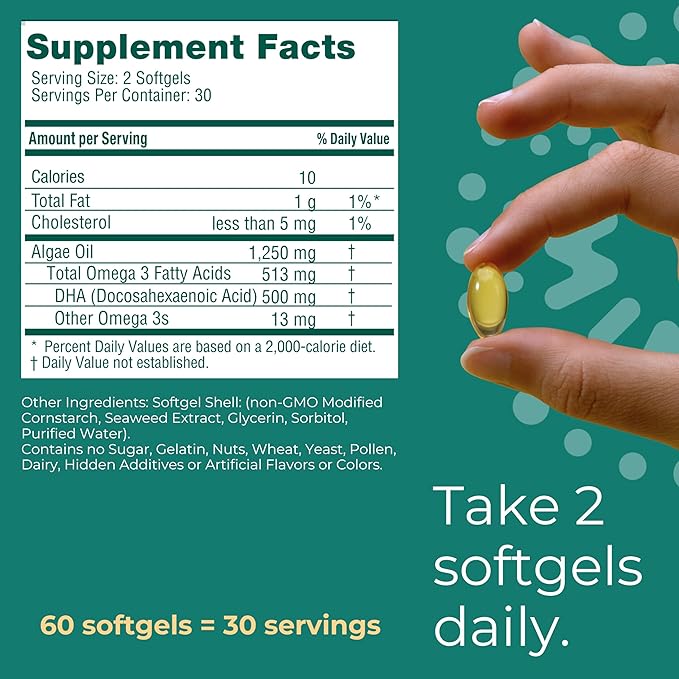 Iwi DHA Omega-3, 60 Softgels (30 Servings), Plant-Based Algae Omega 3, Brain, Eyes & Nervous System Support Dietary Supplement, Krill & Fish Oil Alternative, No Fishy Aftertaste