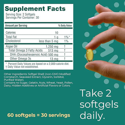 Iwi DHA Omega-3, 60 Softgels (30 Servings), Plant-Based Algae Omega 3, Brain, Eyes & Nervous System Support Dietary Supplement, Krill & Fish Oil Alternative, No Fishy Aftertaste