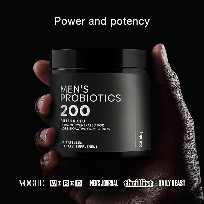 Toniiq Mens Probiotic with 20 Verified Strains – 200 Bilion CFU + 200mg FOS Prebiotic – Mens Probiotics for Gut Health - Cold-Chain & Delayed-Release – Lab-Tested Synbiotic Formula
