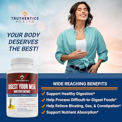 TRUTHENTICS Digestive Enzymes Plus Probiotics & Prebiotics with Bromelain, Lactase, Galactosidase, Acidophilus - Vegan Digestion Aid, Constipation Bloating & Gas Relief for Men & Women - 60 Capsules
