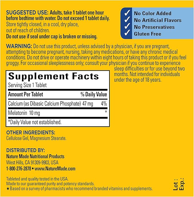 Nature Made Melatonin 10mg Maximum Strength Tablets, 100% Drug Free Sleep Aid for Adults, Melatonin for Adults, 70 Count, 70 Day Supply