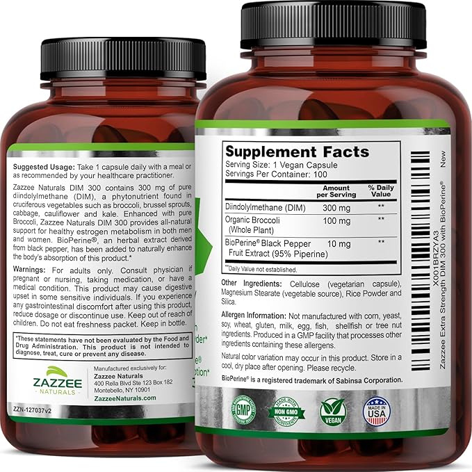 Zazzee DIM 300 mg Per Capsule, 100 Count, Plus 10 mg BioPerine, Estrogen Balance, Hormonal Acne, Menopause Support, Hormonal Balance, Diindolylmethane, Vegan, All-Natural, Non-GMO, Made in The USA