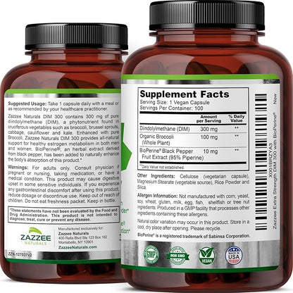 Zazzee DIM 300 mg Per Capsule, 100 Count, Plus 10 mg BioPerine, Estrogen Balance, Hormonal Acne, Menopause Support, Hormonal Balance, Diindolylmethane, Vegan, All-Natural, Non-GMO, Made in The USA