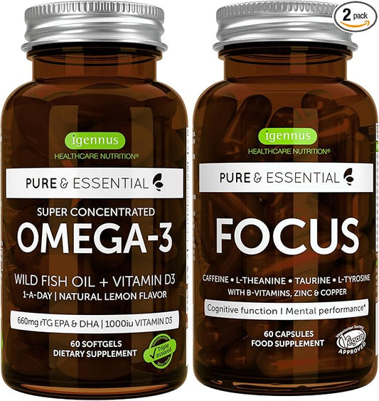 Omega-3 & Vitamin D3 1000iu + Focus Brain Booster Bundle, Fast-Acting 1-a-Day EPA & DHA rTG Wild Fish Oil + Caffeine, L-Theanine, Taurine & L-Tyrosine, B-Vitamins, Zinc & Copper, by Igennus