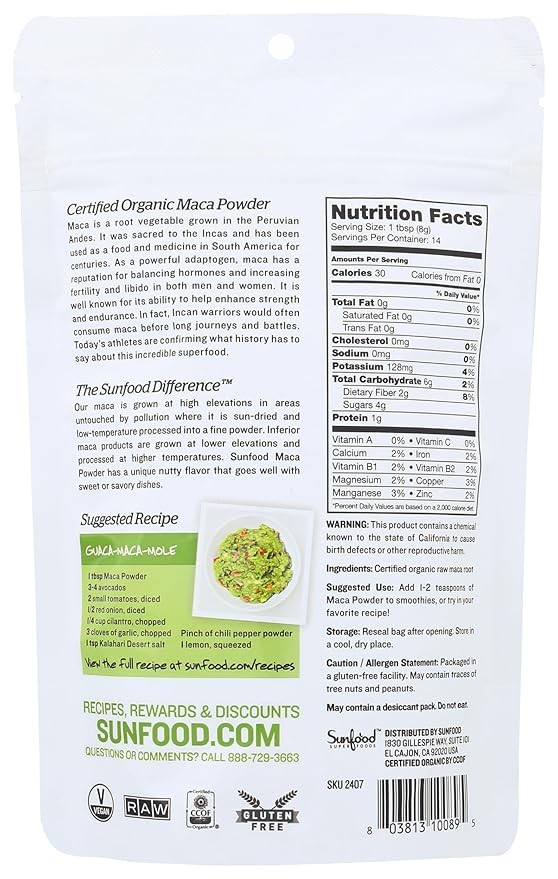 Sunfood Organic Maca Powder - Maca Root Powder, Maca Powder Organic, Maca Supplement for Men & Women with Adaptogens, Peruvian, Raw, Vegan, Premium Maca Powder - 4 Oz Bag