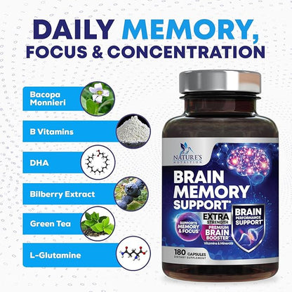 Brain Supplements for Memory and Focus - 40 Nootropics & Vitamins to Support Mental Alertness, Clarity & Concentration, Brain Health Cognitive Memory Pills, B6, B12, Phosphatidylserine - 180 Capsules