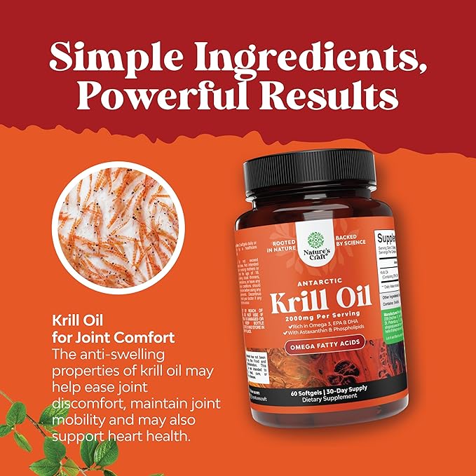 Antarctic Krill Oil 2000mg Softgels Per Serving - Omega 3 Krill Oil Supplement with EPA DHA & Astaxanthin for Brain Joint & Heart (60 Count (Pack of 1))