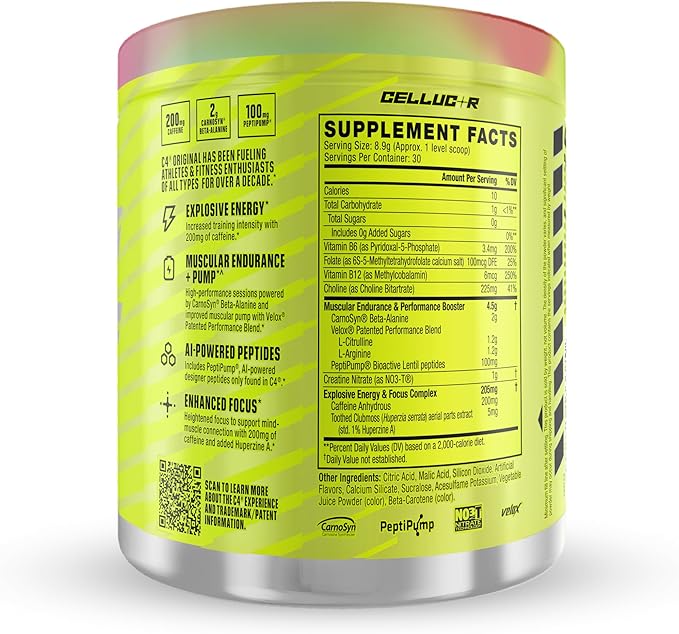 Cellucor C4 Original Pre Workout Powder Sugar Free for Men & Women 200mg Caffeine + CarnoSyn Beta-Alanine + Creatine + AI Peptides - Watermelon, 30 Servings