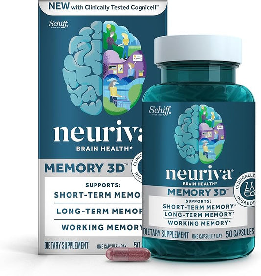 NEURIVA Memory 3D Brain Supplement - Decaffeinated Nootropic Capsules for Memory & Cognitive Function - Short Term, Long Term, & Working Memory Support - 50ct