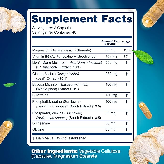 Organic Lions Mane Supplement Capsules - 120 Real Mushrooms Lion's Mane Capsules with Ginkgo Biloba Herb, Bacopa Monnieri - Nootropics Brain Support - Lion Mane Mushroom Supplement