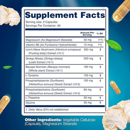 Organic Lions Mane Supplement Capsules - 120 Real Mushrooms Lion's Mane Capsules with Ginkgo Biloba Herb, Bacopa Monnieri - Nootropics Brain Support - Lion Mane Mushroom Supplement