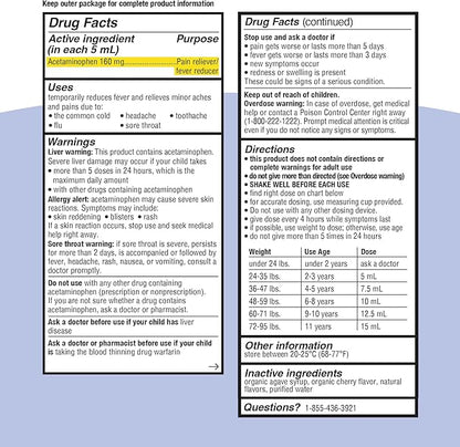 Genexa Kids’ Clean Pain & Fever Acetaminophen, Dye Free, 0% Artificial Additives, Delicious Organic Cherry Flavor, Liquid Oral Suspension Medicine for Children 2-11, 160 mg per 5mL, 4 fl oz