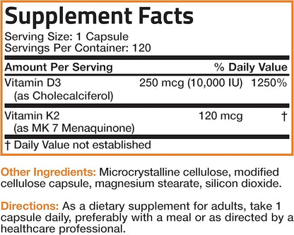 Bronson Vitamin K2 (MK7) with D3 Extra Strength Supplement Bone and Heart Health Non-GMO Formula 10,000 IU Vitamin D3 & 120 mcg Vitamin K2 MK-7 Easy to Swallow Vitamin D & K, 120 Capsules