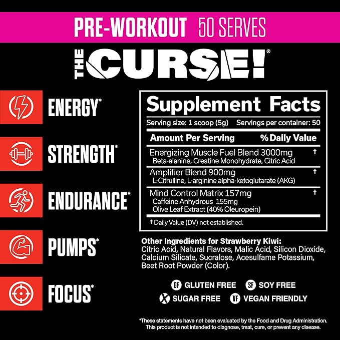 JNX SPORTS The Curse! Pre Workout Powder for Men & Women, Caffeine, Beta-Alanine, Creatine, L-Citrulline, 50 Servings, Strawberry Kiwi Flavor – Boost Energy, Strength & Focus