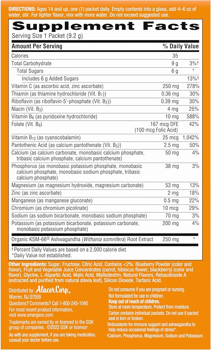 Emergen-C Vitamin C Ashwagandha Drink Mix, Dietary Supplement for Immune Support, Berry Blend - 18 Count