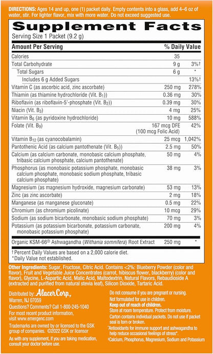 Emergen-C Vitamin C Ashwagandha Drink Mix, Dietary Supplement for Immune Support, Berry Blend - 18 Count